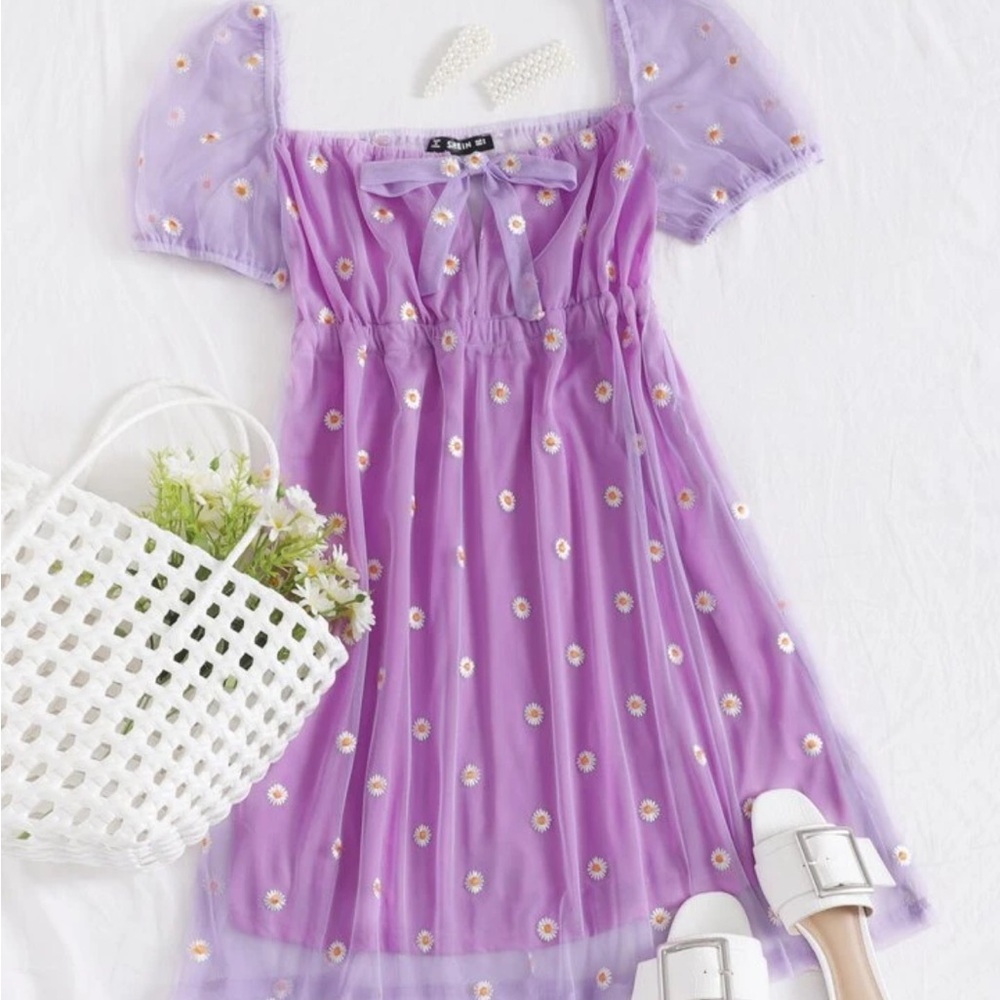 Embroidered Daisy Print Mesh Overlay Dress